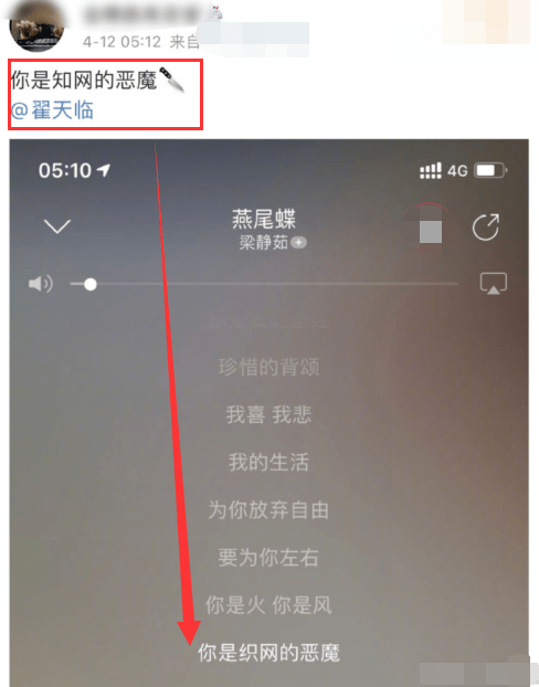 該網友曬出一張截圖,是梁靜茹歌曲《燕尾蝶》,裡邊有一句臺詞,和這句