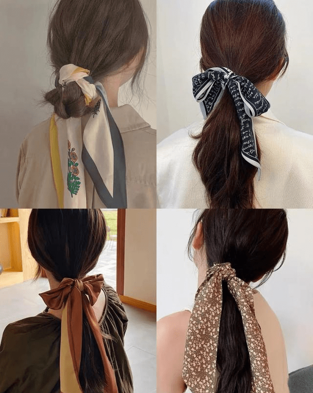 绑发带小技巧:首先,可以先用一只手抓住头发,并固定一头丝巾