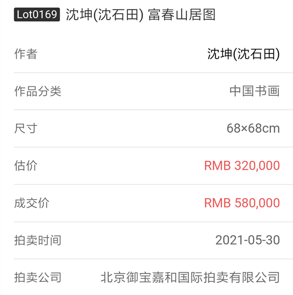 沈坤沈石田2021年国画最新拍卖记录