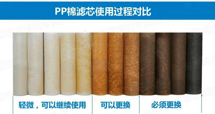 pp棉的材质,更换比较频繁,它是由聚酯纤维组成,拦截水中的泥沙,很容易