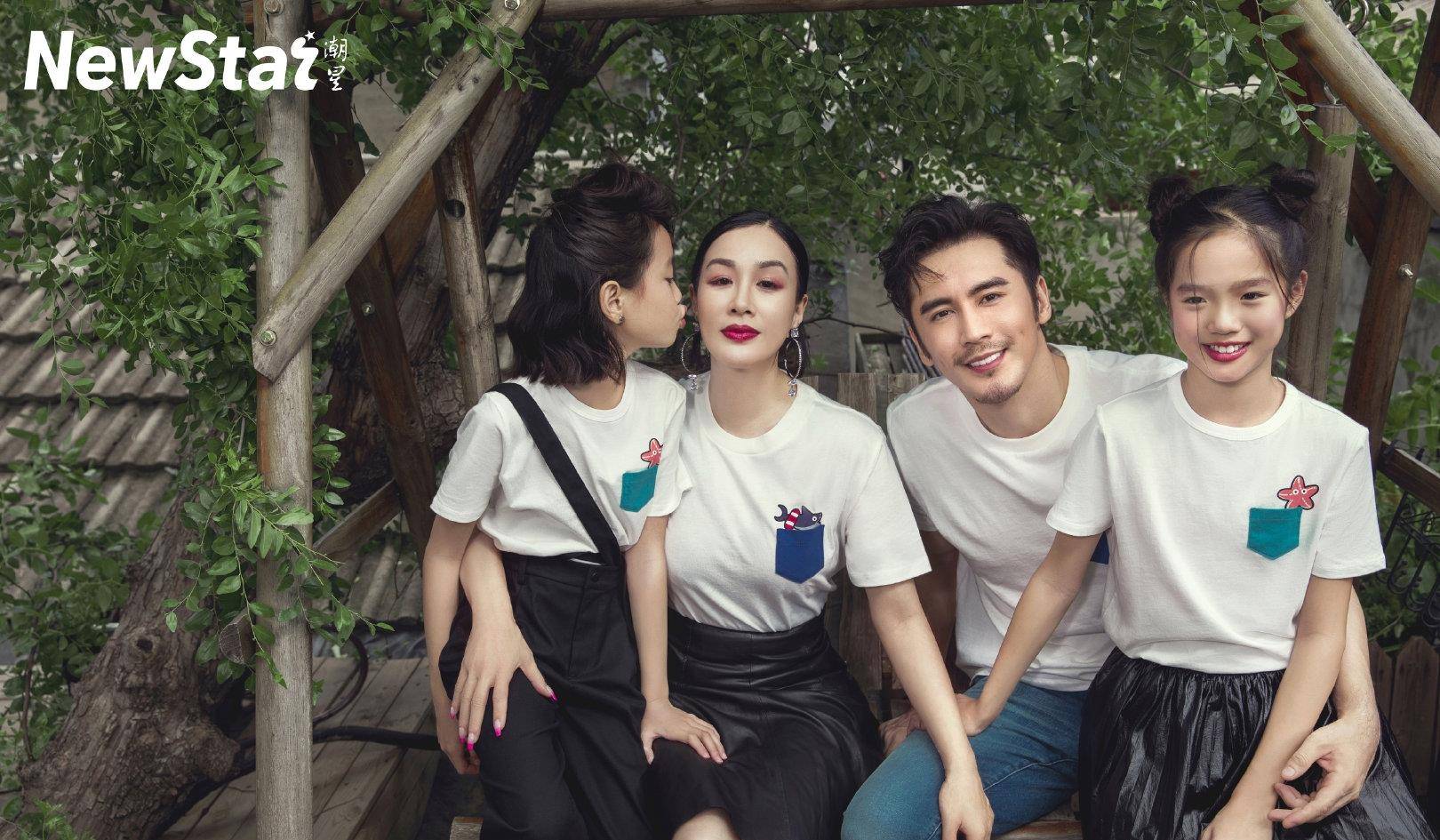 图案|钟丽缇一家四口穿亲子装拍大片，考拉甜美像妈，二女儿超模脸出众