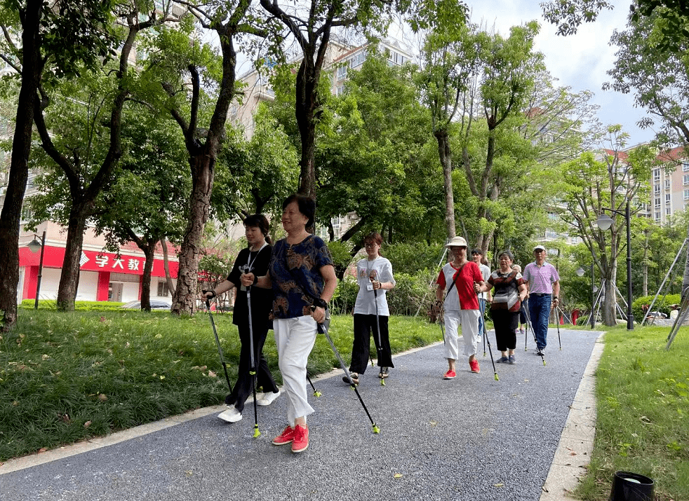 持杖健走強身健體金洲社區的老年人玩轉時髦運動