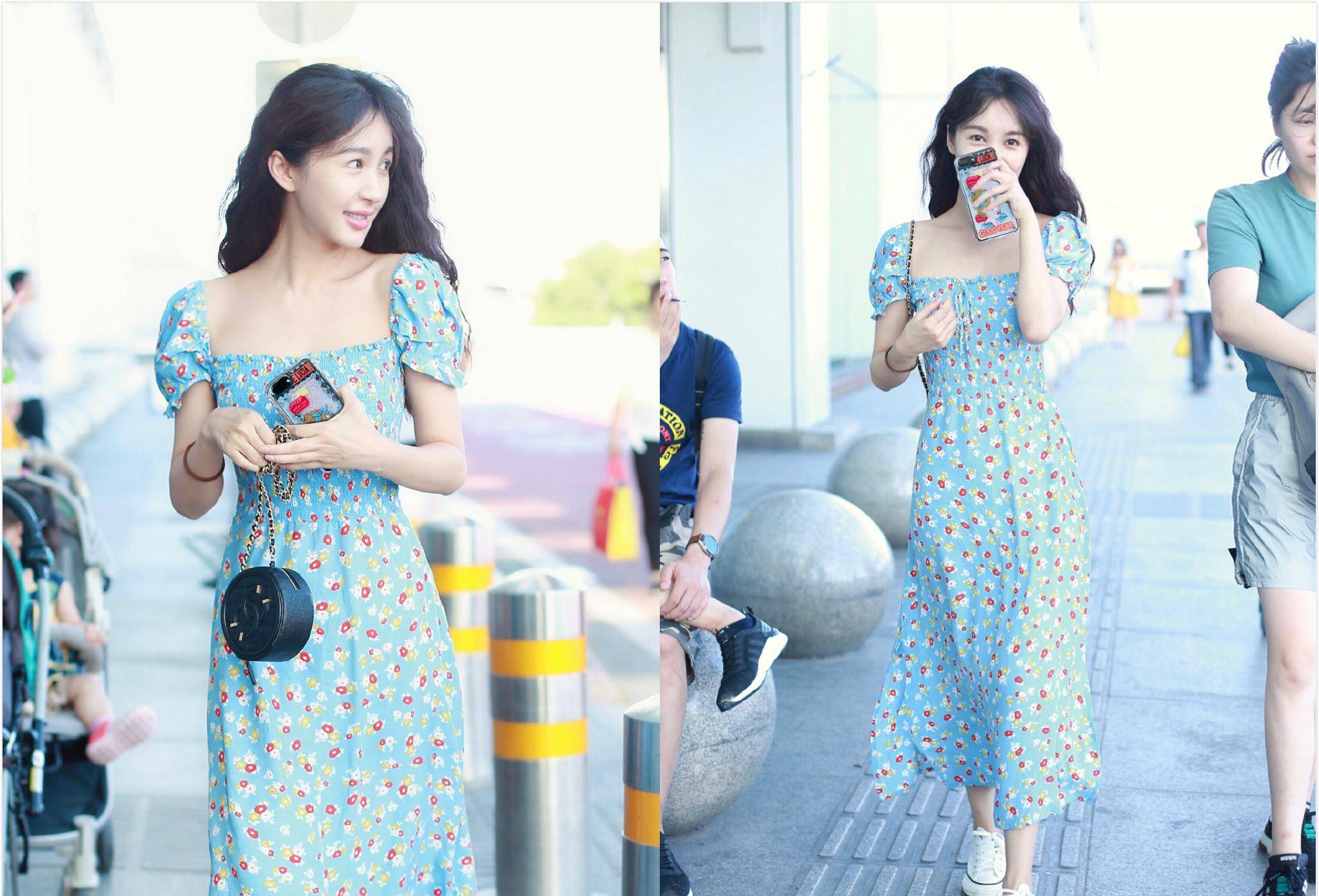 身材|李菲儿还用减肥吗？穿蓝色T恤裙秀细腰长腿，33岁美回了少女