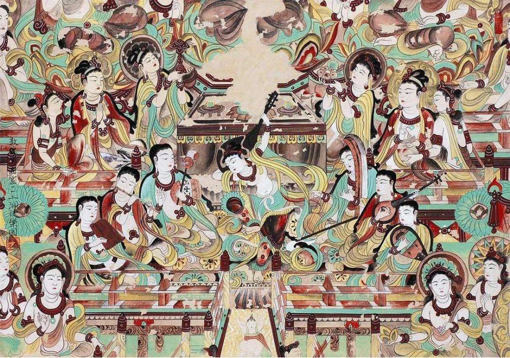 中国風 敦煌莫高窟唐代壁画反彈琵琶 宣紙使用47*33cm 反弹琵琶图》 唐佚名壁画甘肃敦煌莫高窟112窟此图见于莫高窟112