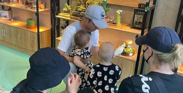 光头|与撒贝宁一家偶遇,龙凤胎儿子首次光头亮相,穿雏菊装胖到没脖子