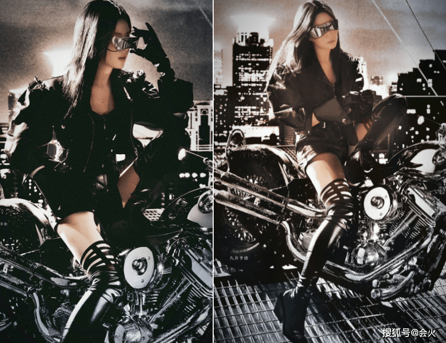皮短裤|刘亦菲骑摩托车拍广告！罕见穿皮短裤炫长腿，小腿太瘦靴子皱巴巴