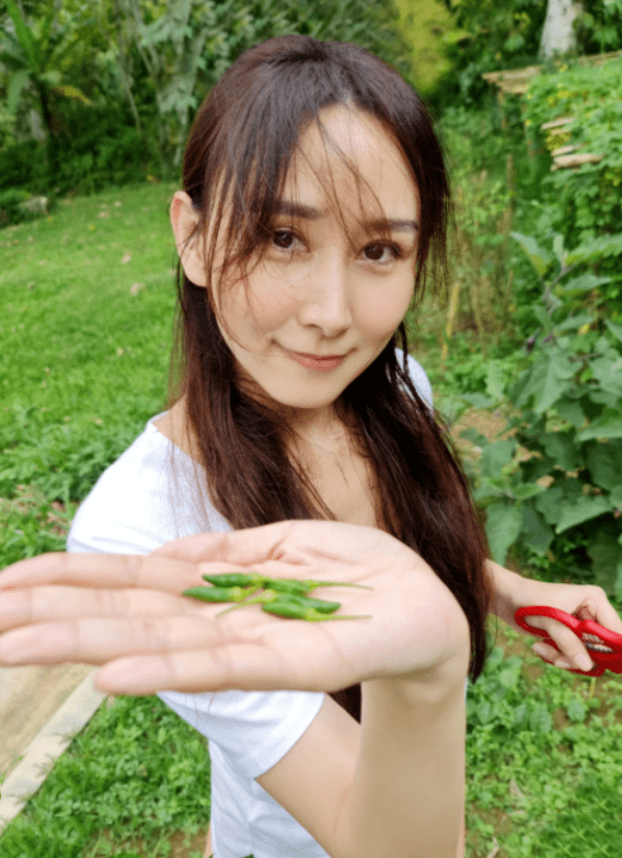 显得 胡静原装五官就是美!穿白T恤配橘色长裙,未施粉黛依旧女神范