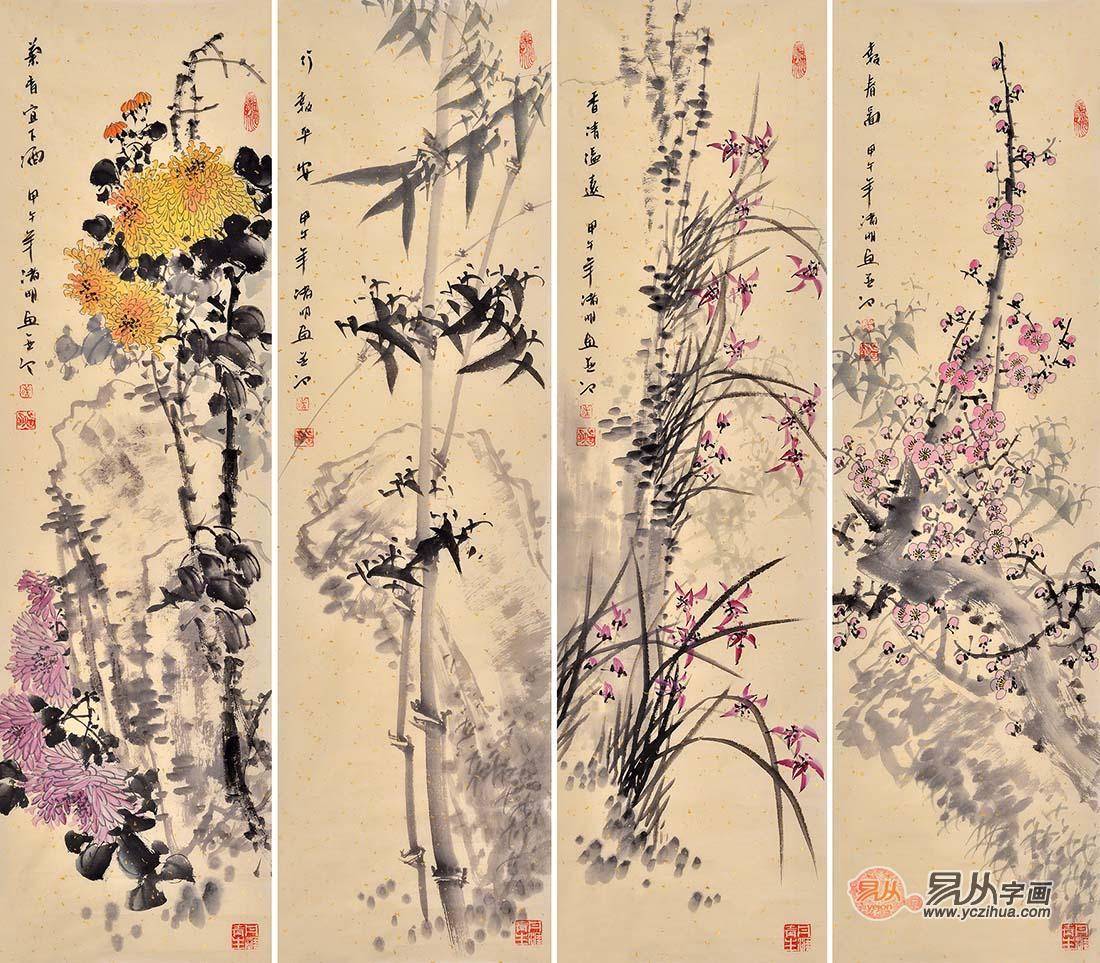 具有象征意义的国画典型：梅兰竹菊花鸟画四条屏_搜狐网