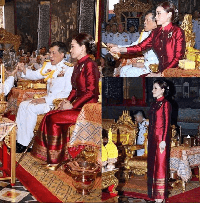 国王 苏提达又穿枣红色，小翻领时装裙真高贵，曾穿礼服裙听音乐会惊艳