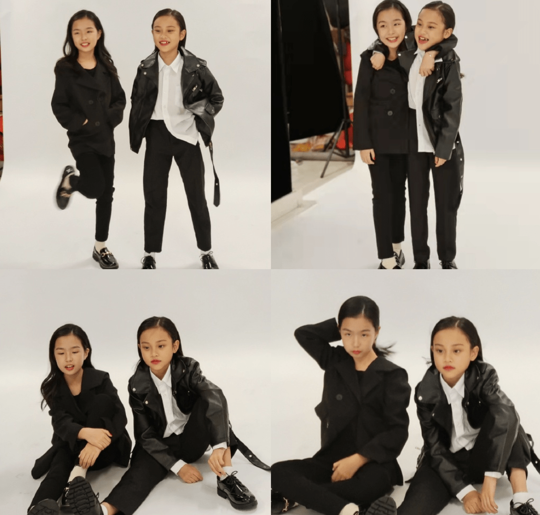 贾乃亮8岁甜馨和好友拍写真，贴头皮发型配皮衣又美又飒，镜头表现力强