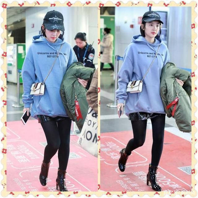 黑色 唐艺昕嘻哈打扮现身机场,印花卫衣配小脚裤,看着比张若昀还有型