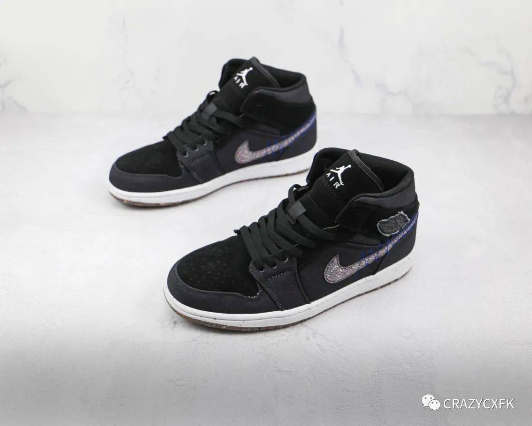 黑色 乔丹 Air Jordan 1 Mid Crater 中帮黑灰泼墨运动鞋