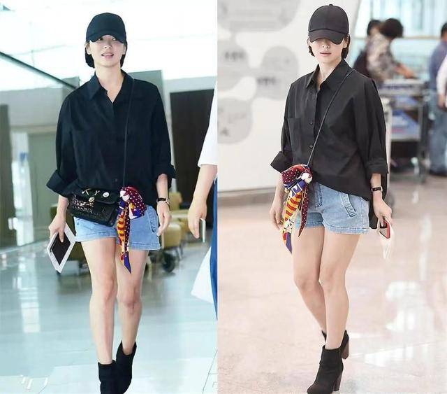 原创宋慧乔无滤镜下暴露身高穿衬衫配牛仔短裤小短腿不像161cm