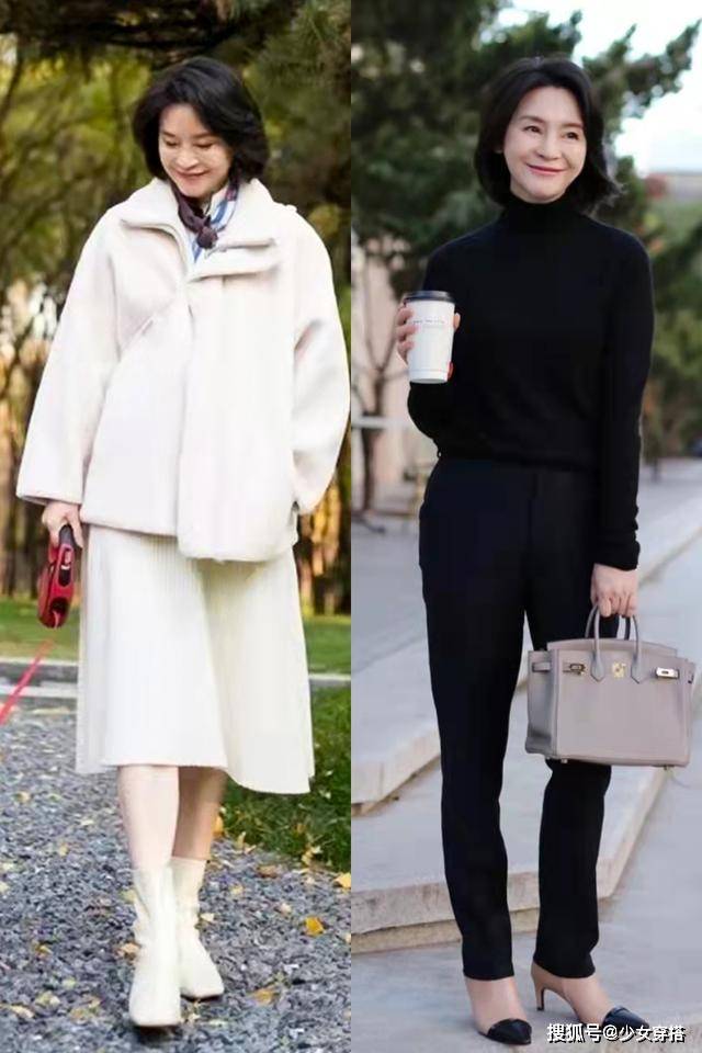 黑色 “大衣+长靴、羽绒服+短靴”才是60+岁女人的秋冬打扮！优雅舒适