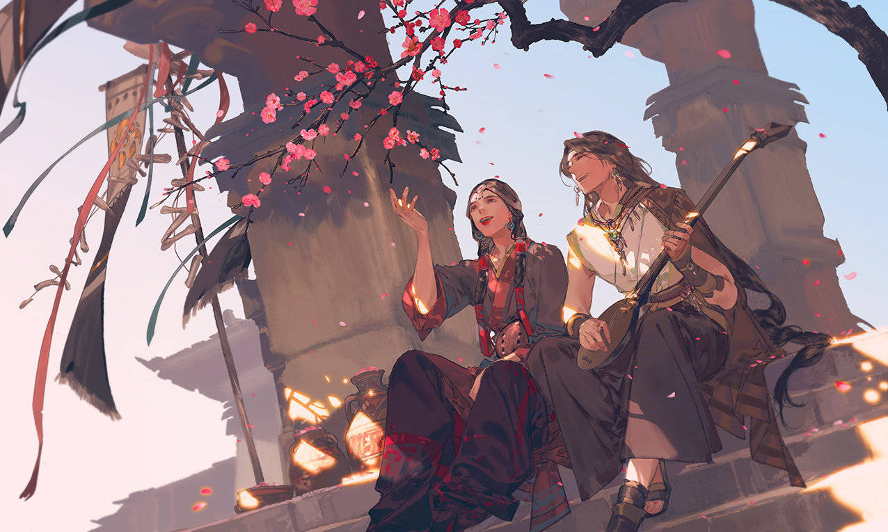 浓厚高级质感古风美人插画大量的留白让人物充满了韵味