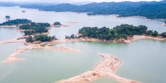 这里是华南地区最大的人工湖，四季常绿，航拍的风景仿佛是幅画