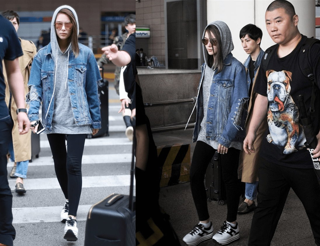 黑色 昆凌的一身穿搭挺显胖，夹克配半裙比例有点不协调，但却不怎么丑