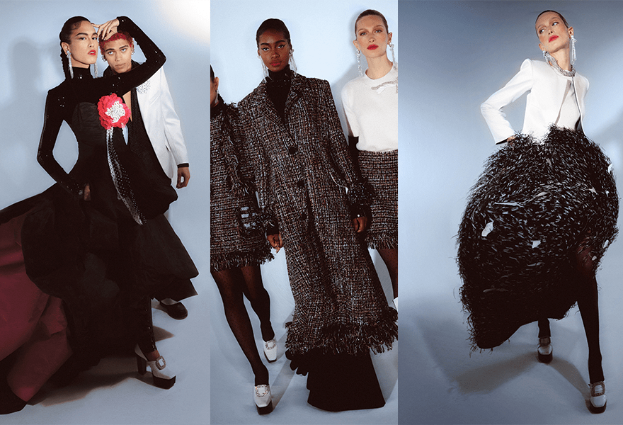 对比 Prabal Gurung 2021秋冬，纯色与波点等图案出现，还有开叉和鱼尾等细节