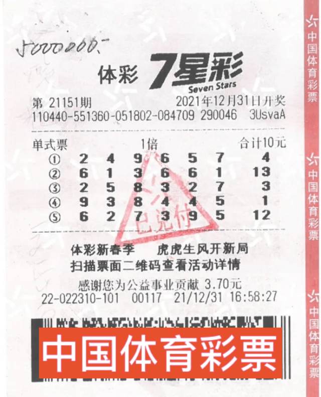 回顾体育彩票七星彩第21151期开奖详情,当期开出2注一等奖,单注奖金