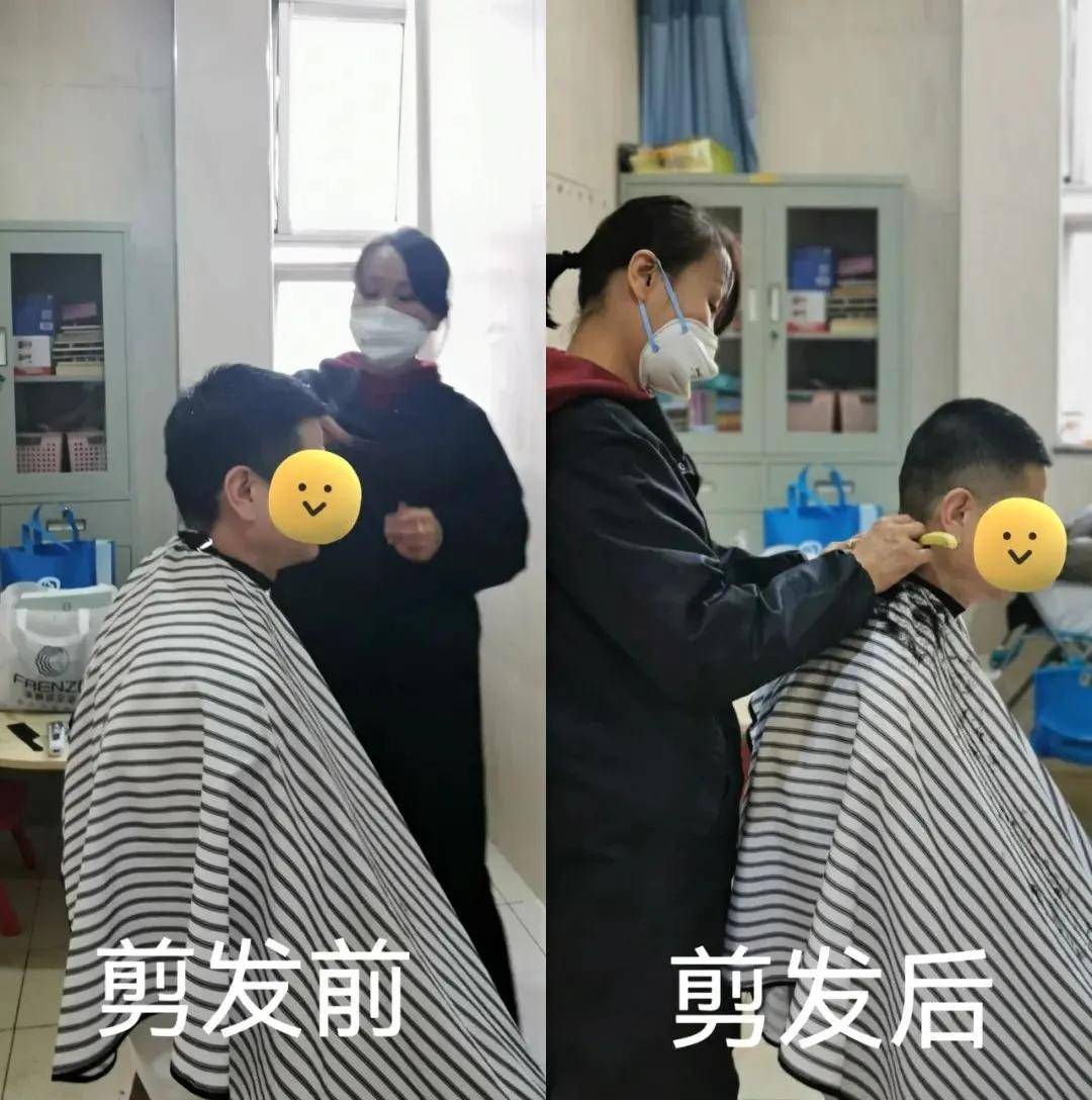 洗头义剪现场爱心理发志愿者戴着口罩细心地修剪着医护人员的头发