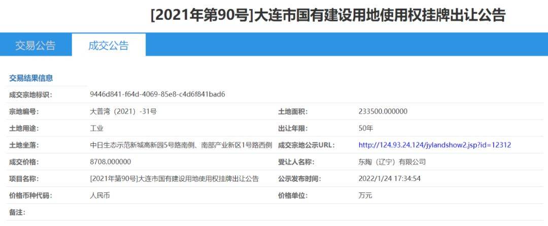 Toto底价8708万元竞得大连一地 总面积超23万 地块 辽宁省 普湾