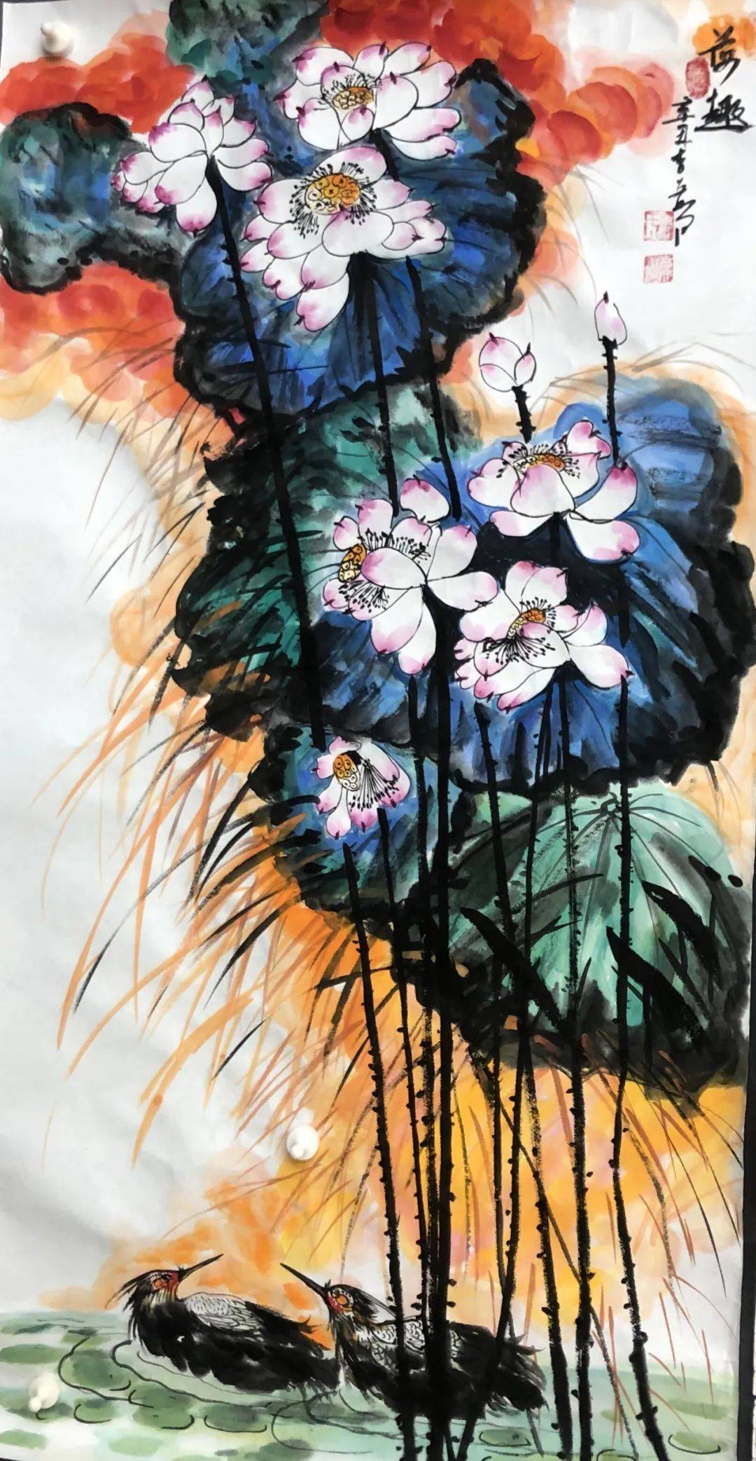 重彩荷花红菡萏 妙笔生花扬清风——中国当代画家赵吉文 赵吉平作品