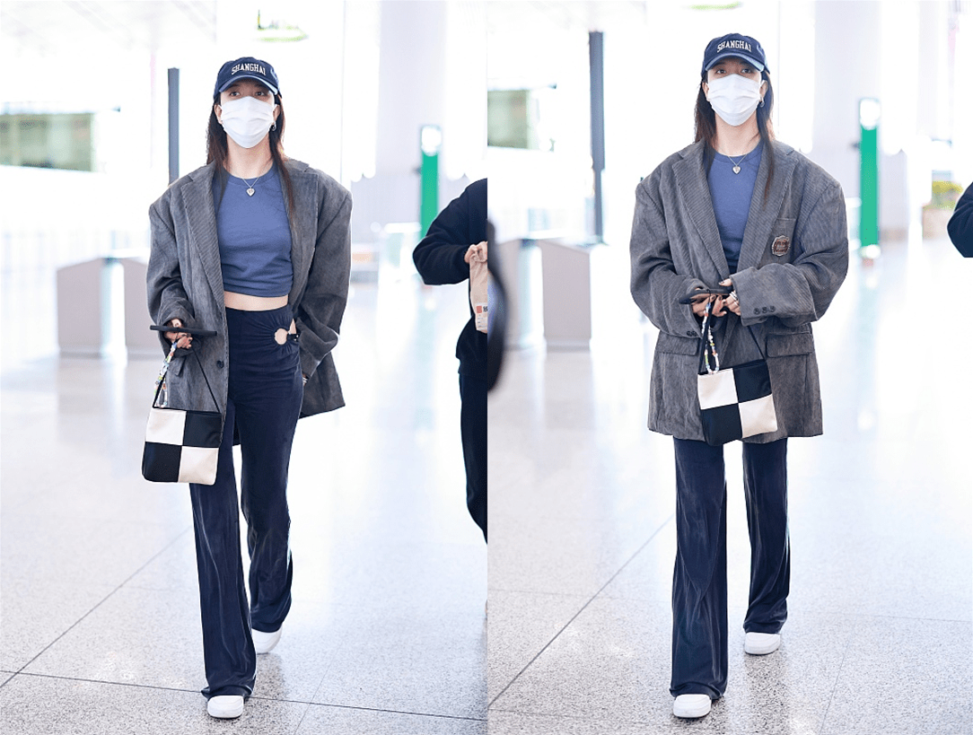 服装 宋妍霏这西装挺心机,短款+交叉设计显出小蛮腰,就是裤子挺显胖