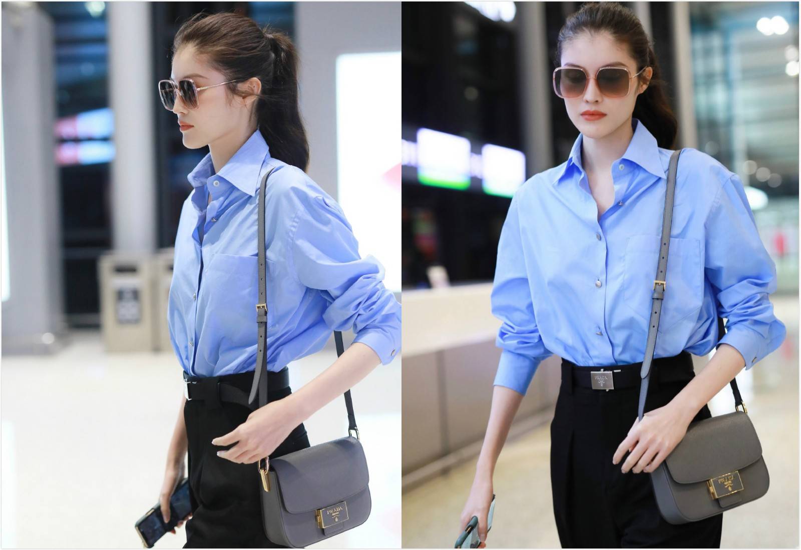 开始咱们来看一看何穗的整体搭配,上半身是一件天蓝色的衬衫,衬衫领子