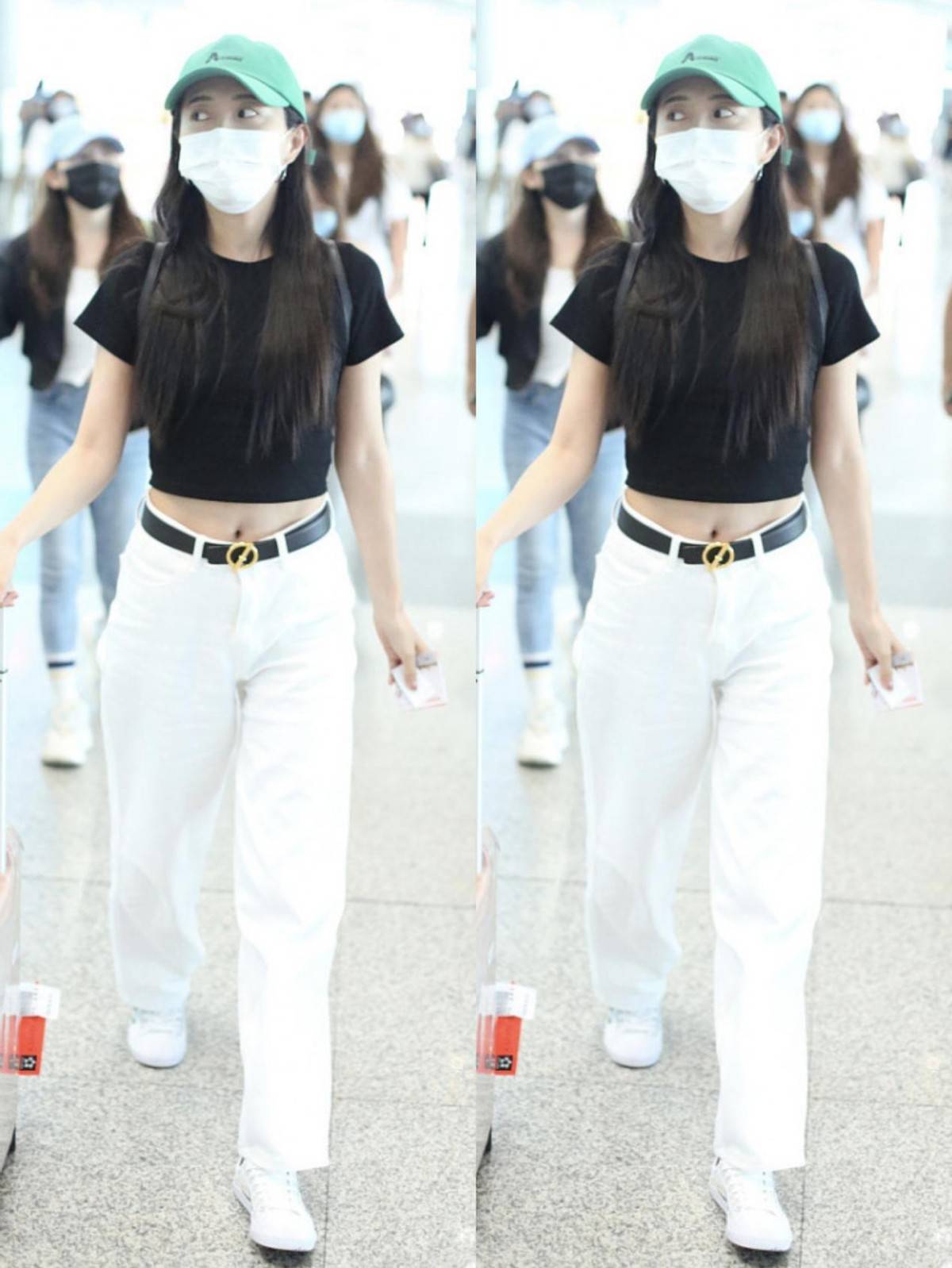 白卫衣 包文婧的私服造型还挺时髦，上身穿得很可爱，搭条丝袜却挺女人的