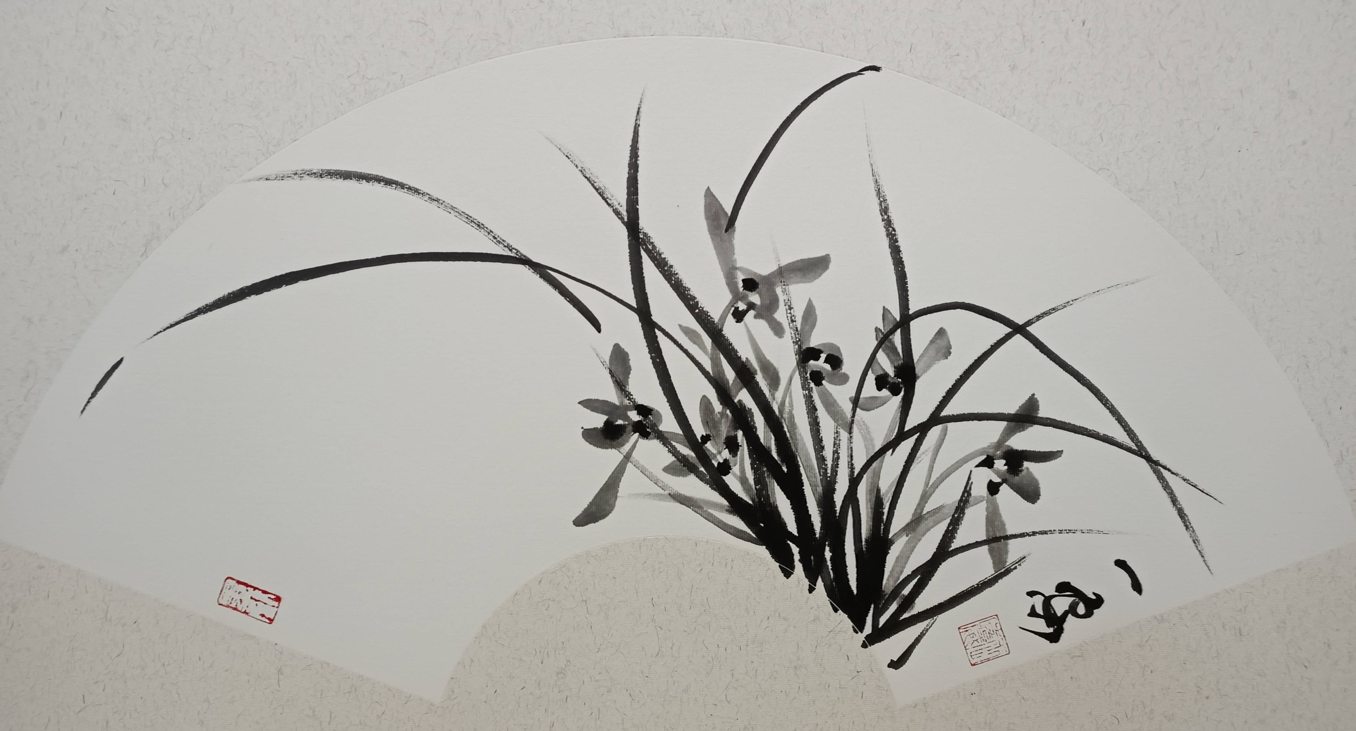 王晓威梅兰竹菊扇面水墨作品古典美