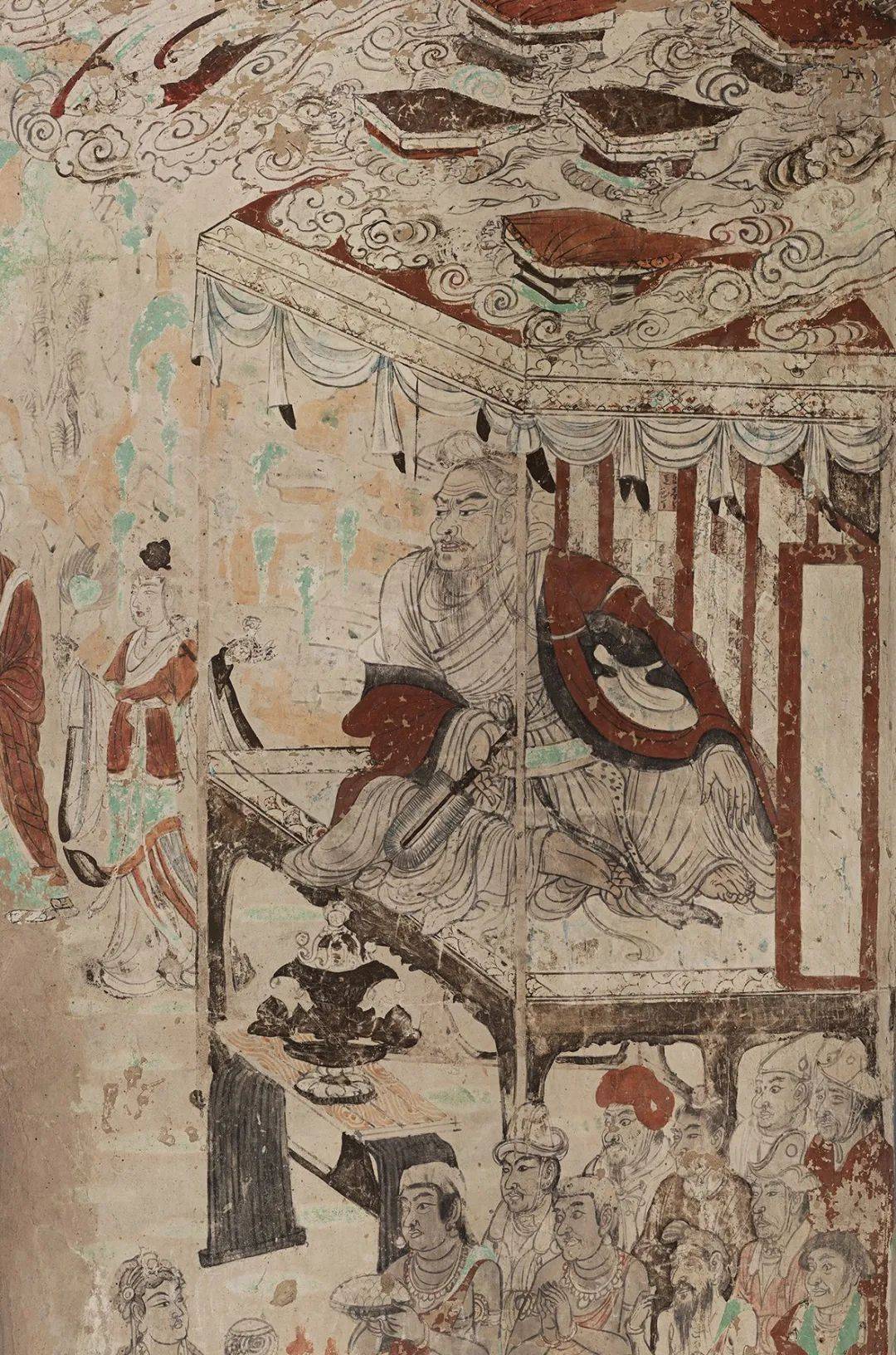 诘经变图》中,维摩诘坐于高榻,神情肃穆威严,榻后的屏风和榻顶的华盖