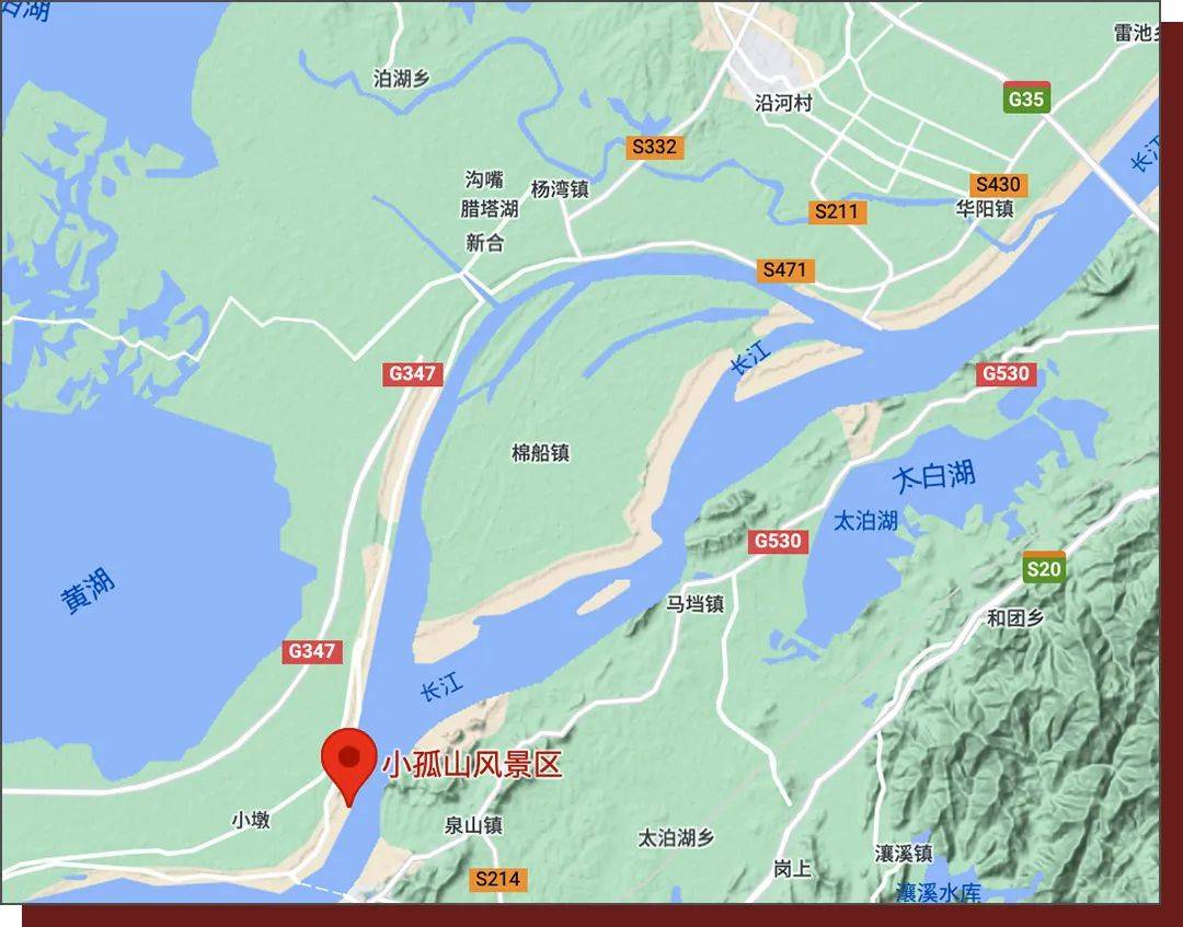 google地形图上图形如一只胖海豚的就是棉船镇,它的头部对着小孤山(见