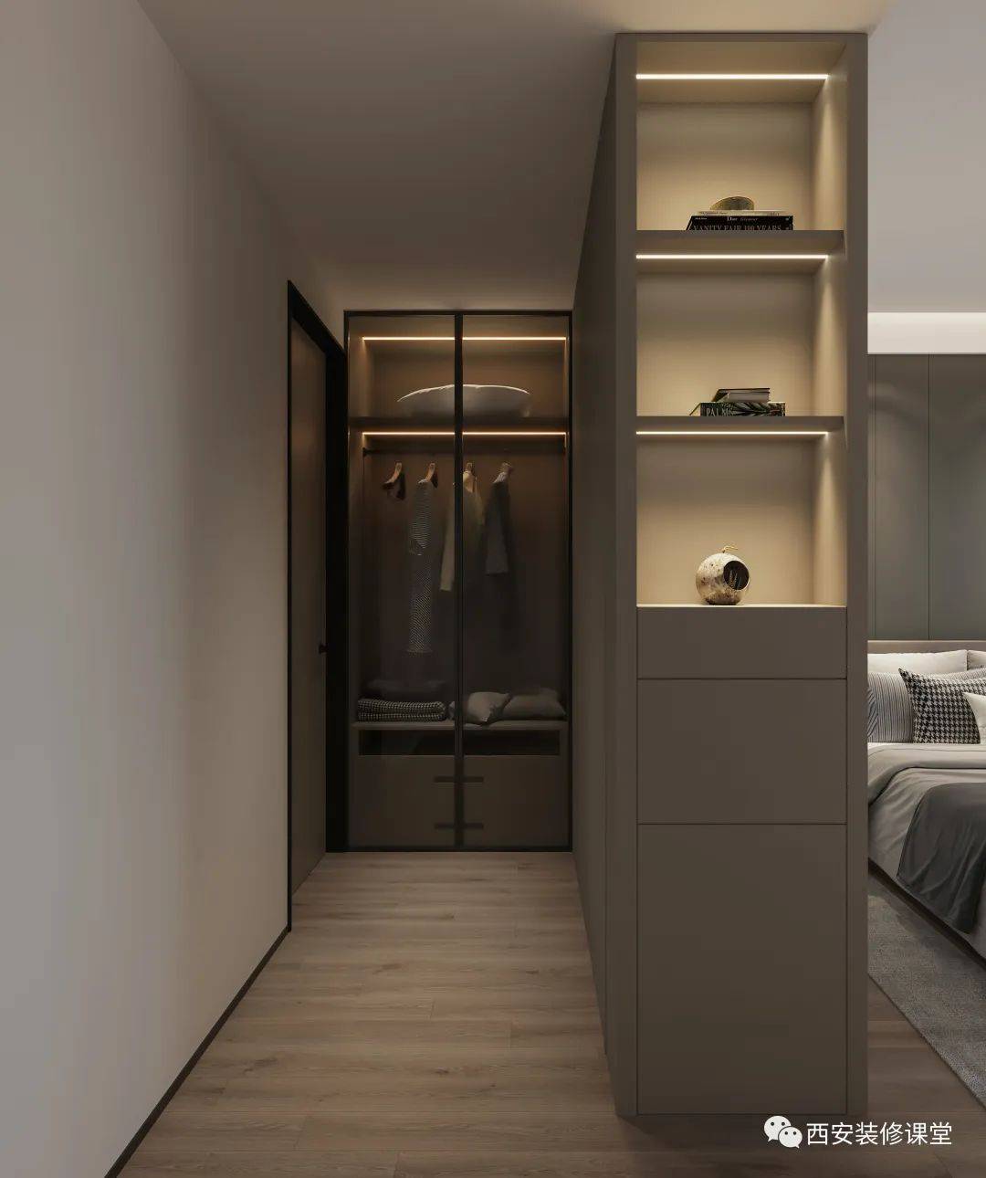 一边做玻璃门灯光点缀,提亮空间,侧面衣柜做抽屉以及镂空设计,可以