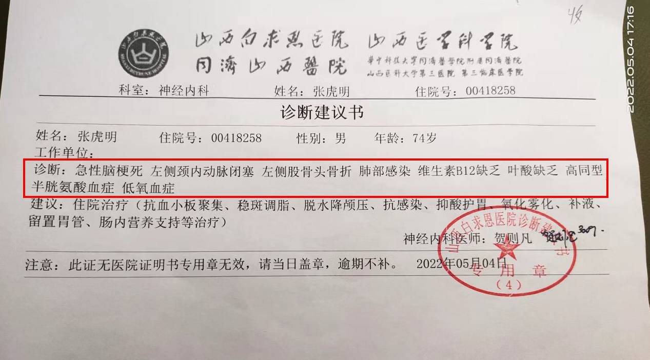 后被送到忻州市人民医院急诊检查,后转至骨二科以股骨头颈下骨折治疗