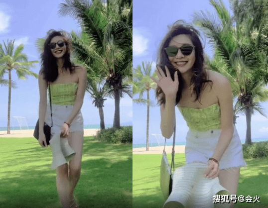 江疏影海滩边炫身材!弯腰打招呼秀事业线