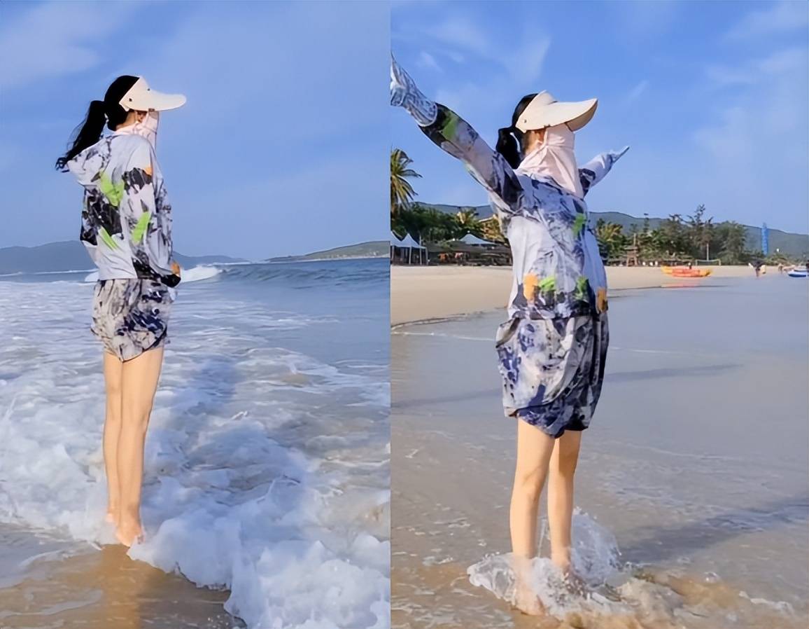 原创57岁于文华海边嗨玩拎起裤腿在岸边踩水沙滩上狂奔跳跃太兴奋