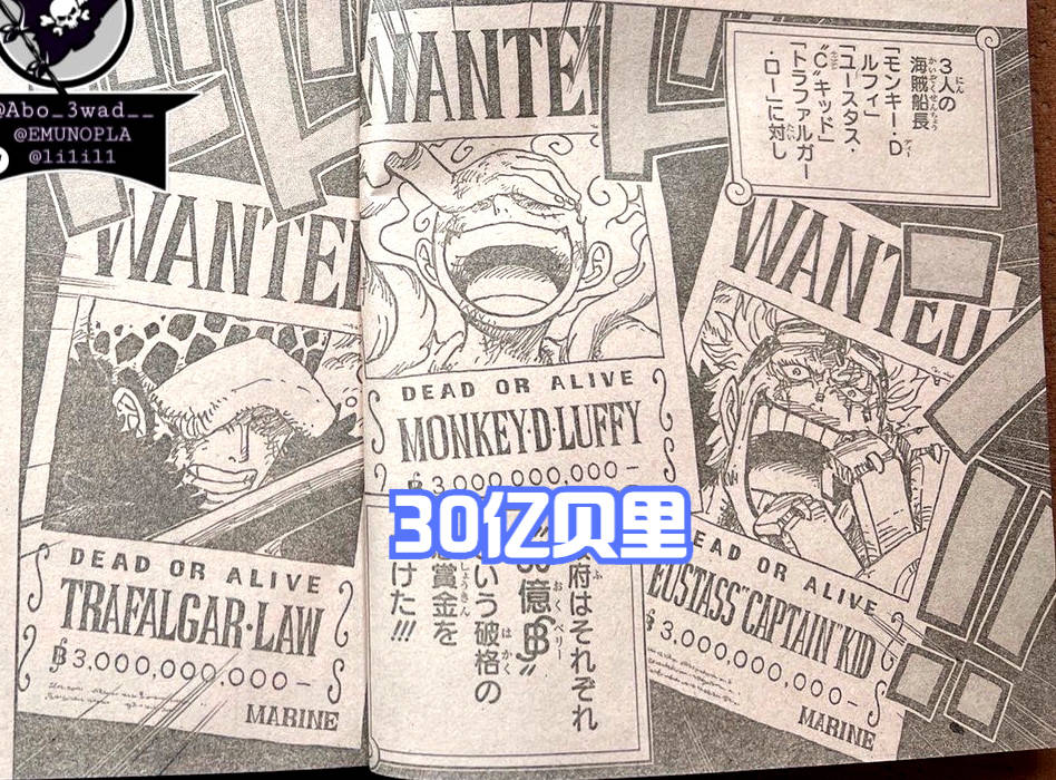 而我们的三船长路飞,基德,罗的悬赏金同样发生翻天覆地的变化,击败双