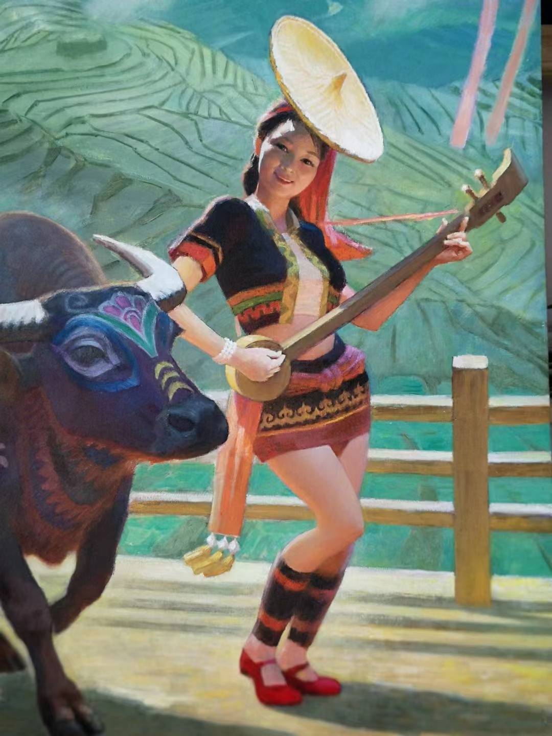 王国征油画《哈尼环艺一路歌》_牛体_大地_文字