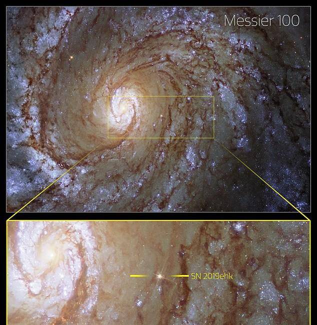 图片解读:m100星系中sn 2019ehk的位置,可以看出其爆发时亮度增加