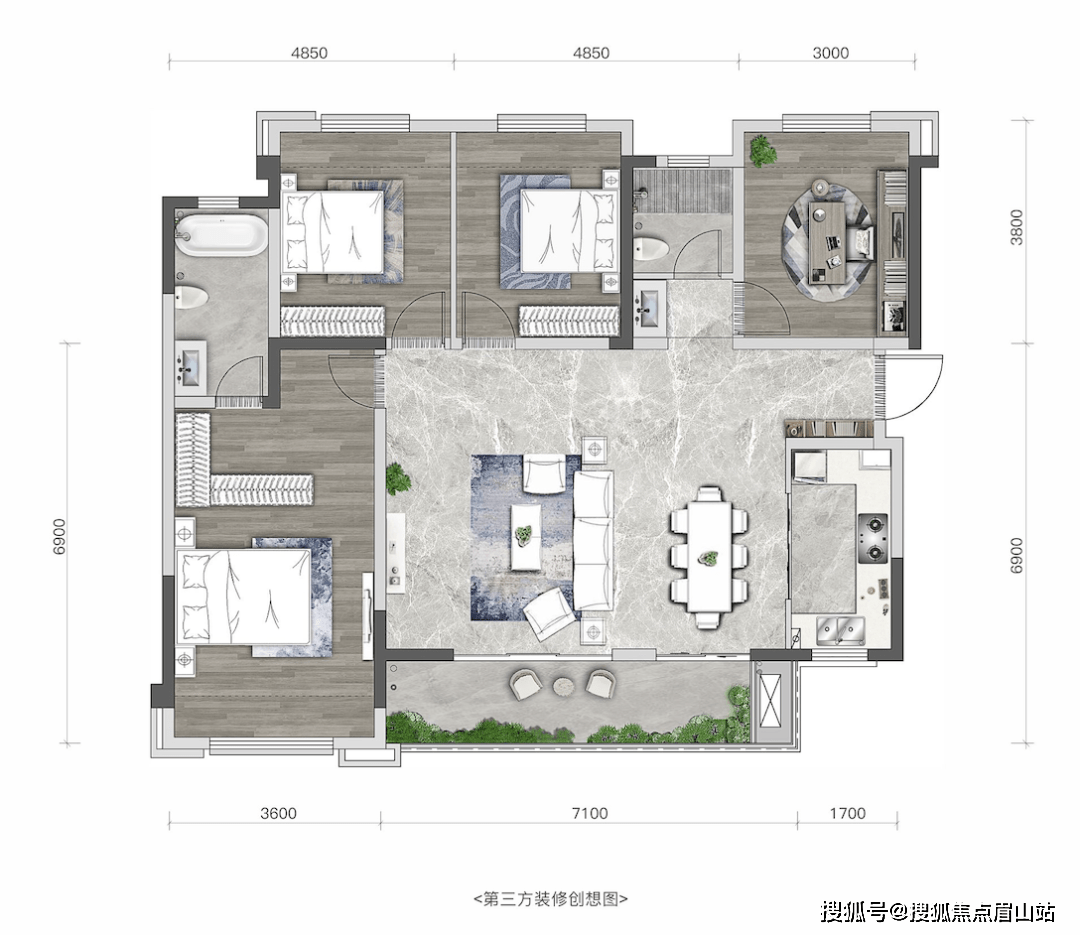 接着来看看小高层户型,14-17f,均为两梯两户,仅有建面约118㎡套三双一