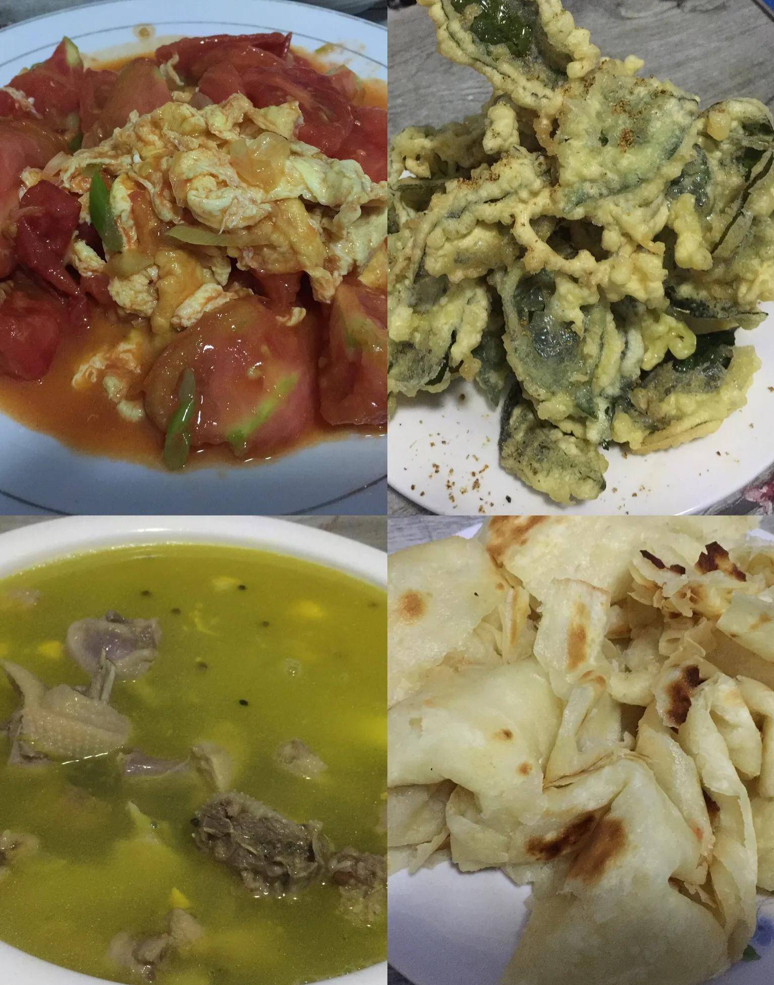炖土鸡油炸花椒叶番茄炒蛋烙饼