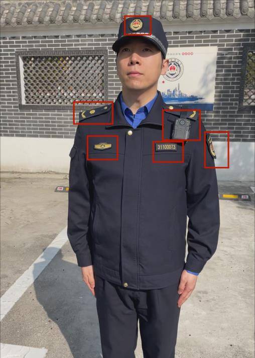 城管执法队员出勤须戴有国徽的执勤帽;制服左臂的臂章上内容为"中华