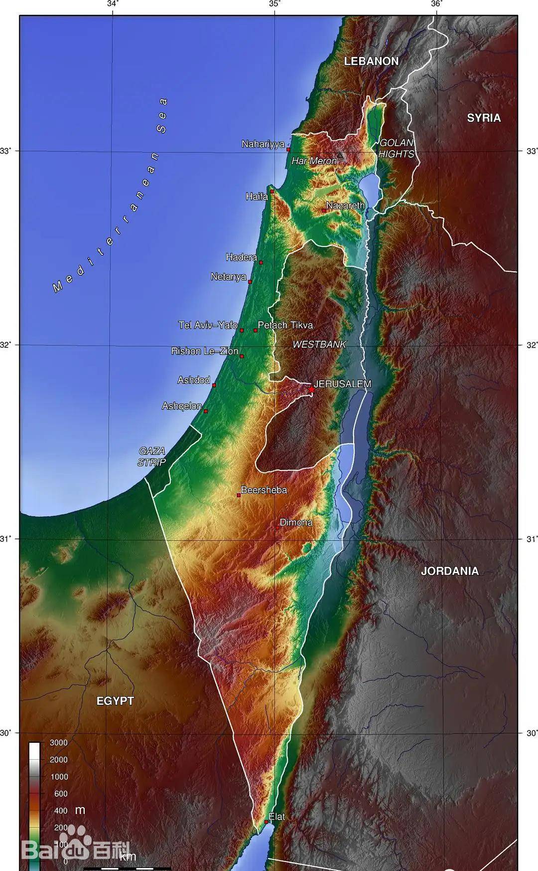 把利刃,刀尖直指南面的亚喀吧湾,东部是约旦河谷以及地表最低点--死海
