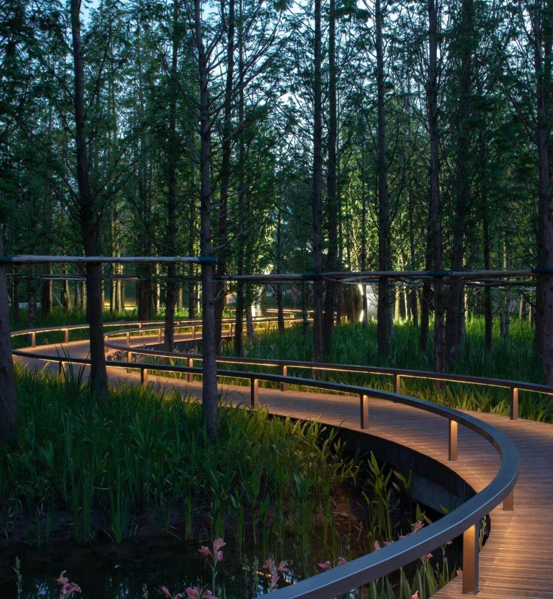 南侧入口依据原有极大的高差地形,此处设计一个大尺度的层级挑台,一湖