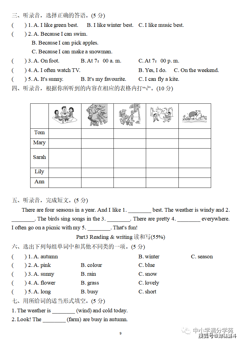 五年级英语下册：第二单位检测卷3套+谜底