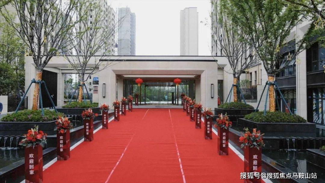 小区大门前铺上了红地毯,非常喜庆.