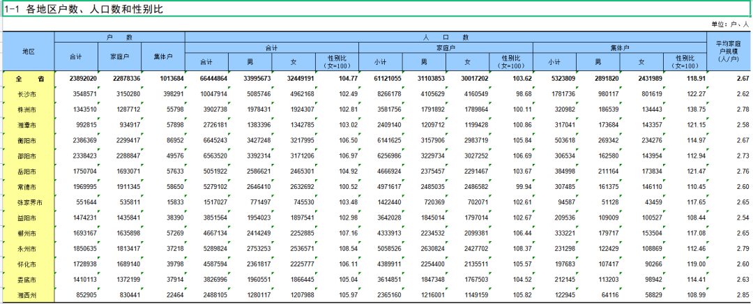 【資源0401】excel版 2020年湖南省人口普查年鑑(上,中,下三冊)_數據