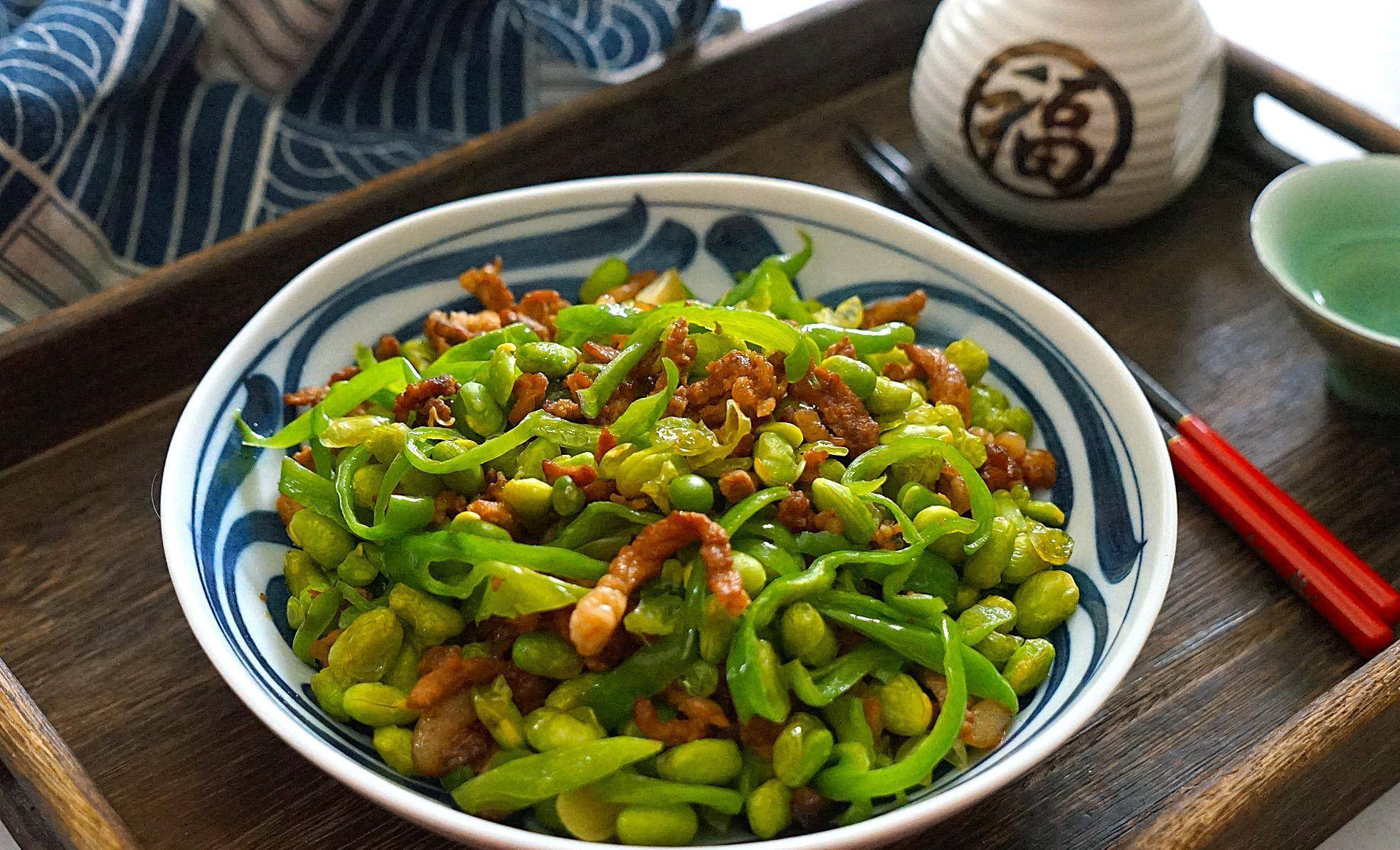 教你家常美味的青椒毛豆炒肉丝,营养解馋超下饭,一大盘都不够吃_美食