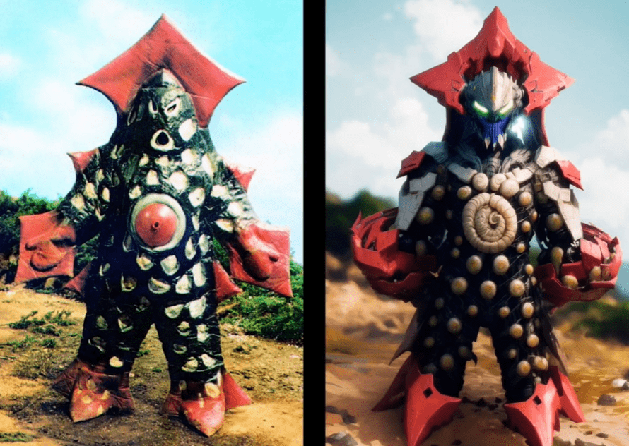 用ai重塑《雷欧奥特曼》里的"圆盘生物",这形象压迫感不就来了_对比