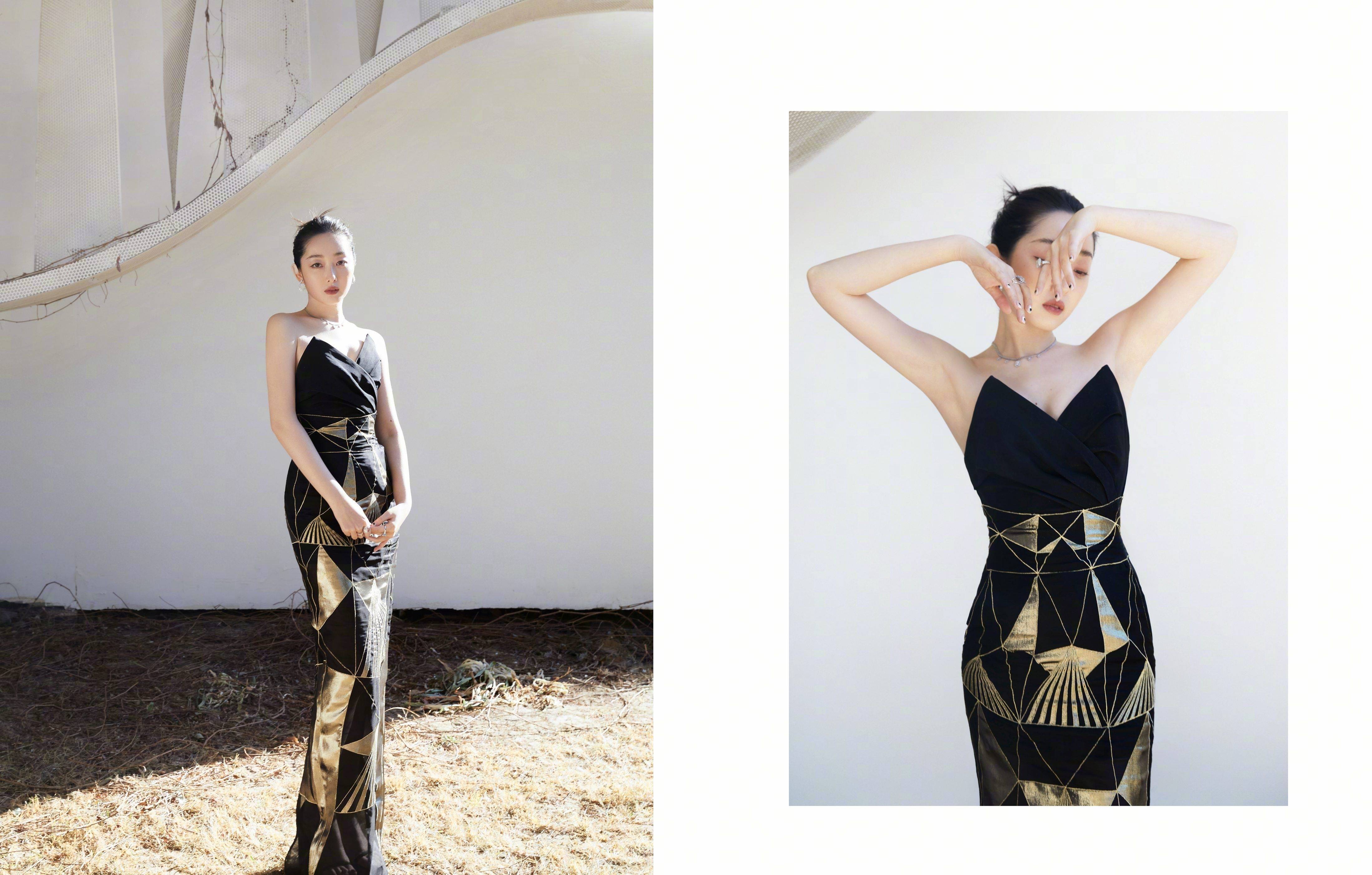 蒋梦婕黑金v领连衣裙性感写真_短发_曲线_身材